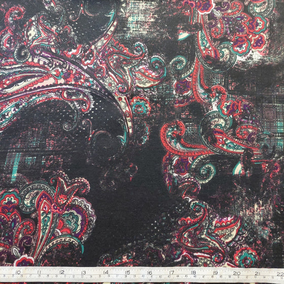 Jersey Ponte Roma Fabric Red Paisley on Black  LAST REMNANT 180cm x 150cm