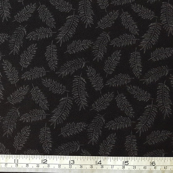 Polyester Crepe Fabric with stretch Grey Feathers on Black Background - The Fabric Bee