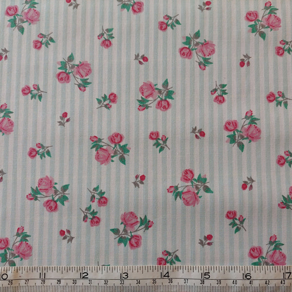 Medium Weight Cotton Fabric Rosebuds on Pale Aqua Stripe