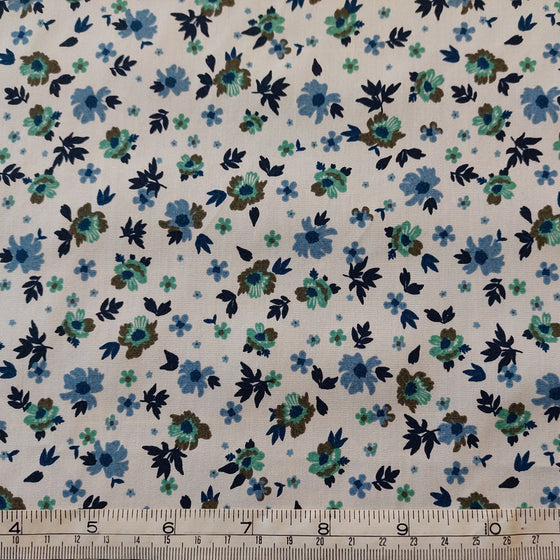 Medium Weight Cotton Poplin Fabric - Blue Floral on White