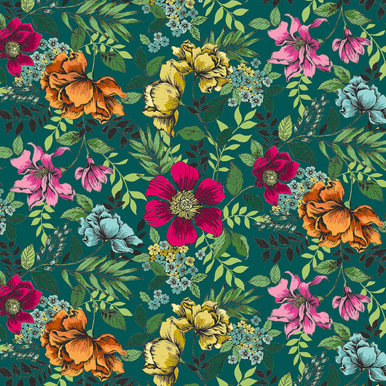 Jewel Tones by Makower UK 2424/T Floral on Deep Teal F7189