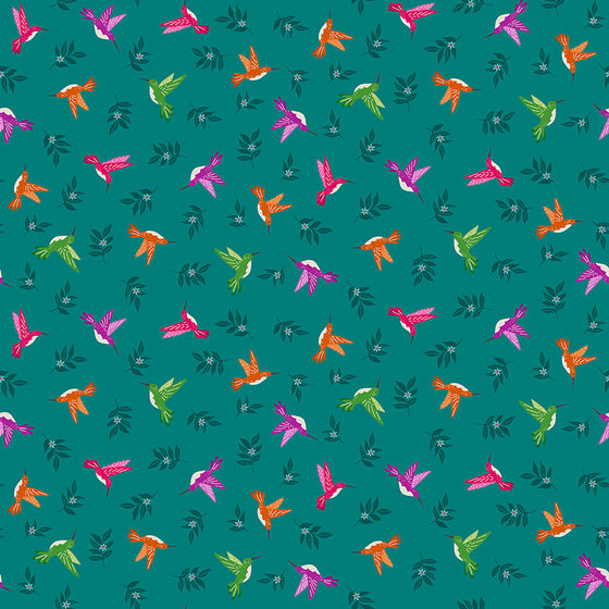Jewel Tones by Makower UK 2426/T Hummingbird on Teal F7194