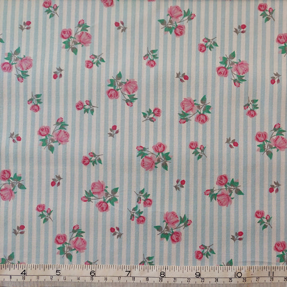 Medium Weight Cotton Poplin Fabric - Rosebuds on Pale Blue Stripe