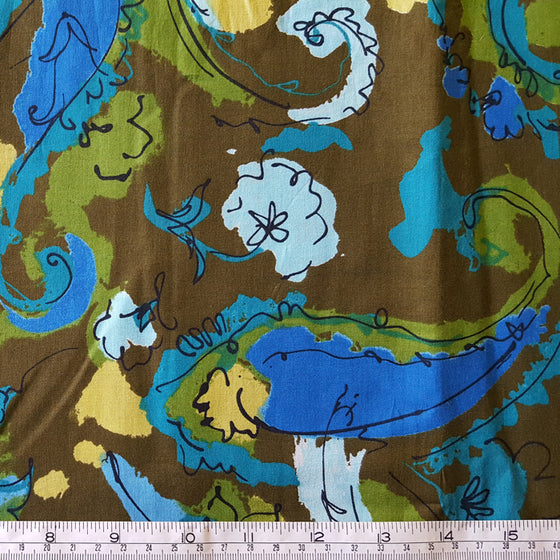 Cotton Lawn Khaki background with blue/lime design
