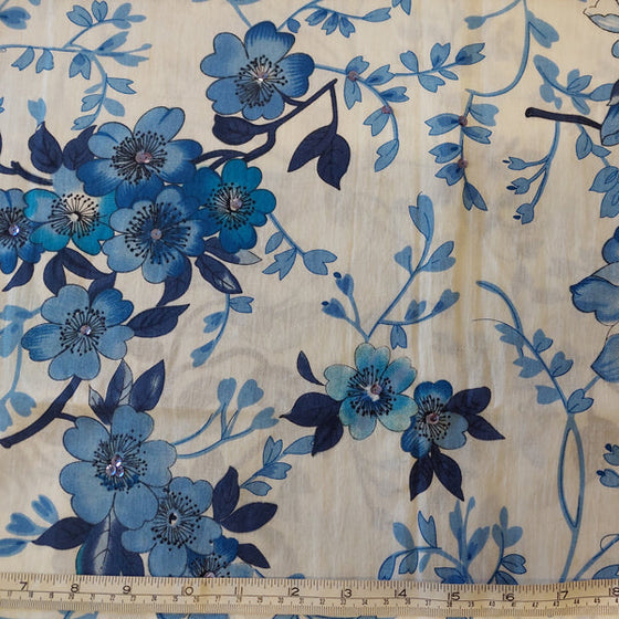 Blue Floral embellished with sequins on Ivory Cotton Lawn LAST REMNANT 120cm x 140cm