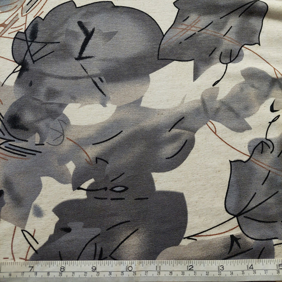Jersey Fabric Grey Leaves on Ivory LAST REMNANT 135cm x 150cm