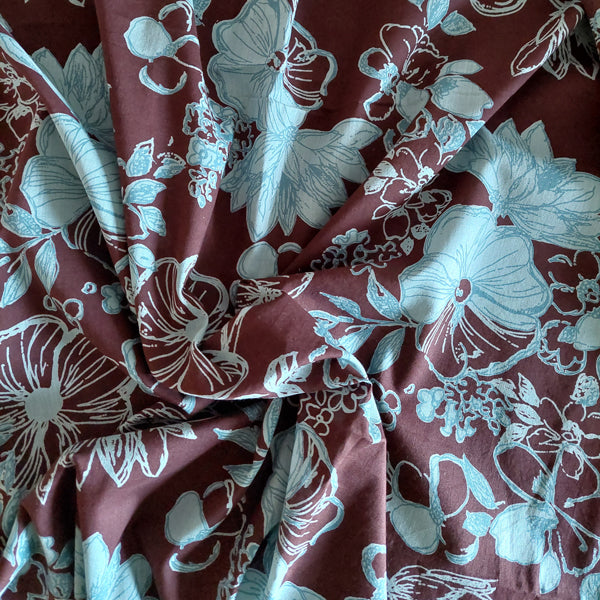 Duck Egg Blue Floral on Brown Cotton Lawn LAST REMNANT 200cm x 100cm
