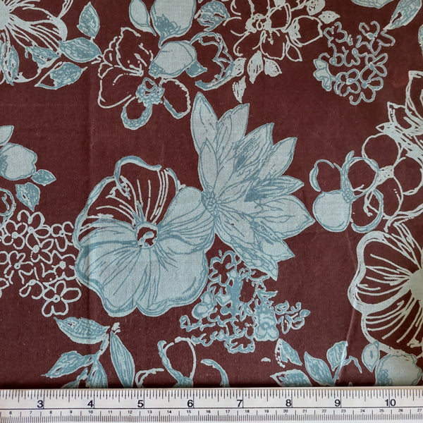 Duck Egg Blue Floral on Brown Cotton Lawn LAST REMNANT 200cm x 100cm
