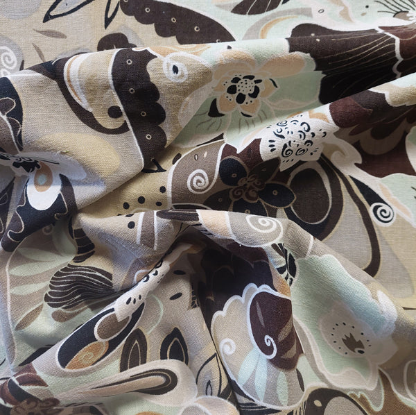Linen Blend Fabric Brown/Beige/Mint Floral