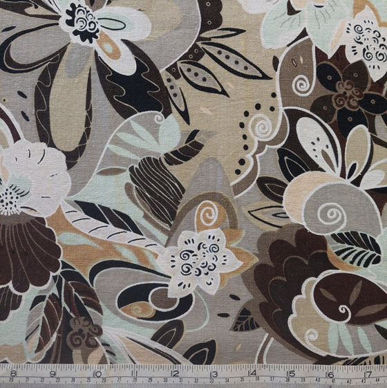 Linen Blend Fabric Brown/Beige/Mint Floral