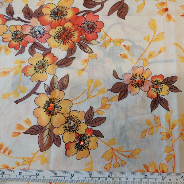 Orange Floral embellished with sequins on Ivory Cotton Lawn LAST REMNANT 115cm x 150cm