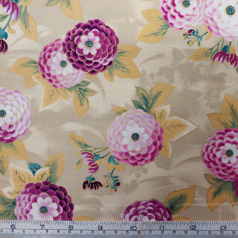 Pink/Metallic Gold Flowers on Beige F1042 LAST PIECE 40cm x 112cm
