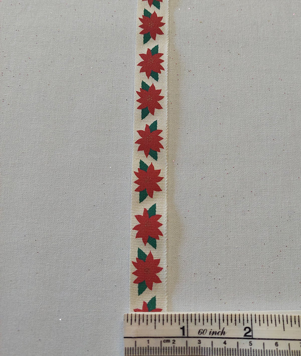 Red Flowers on Cream Cotton Tape Ribbon