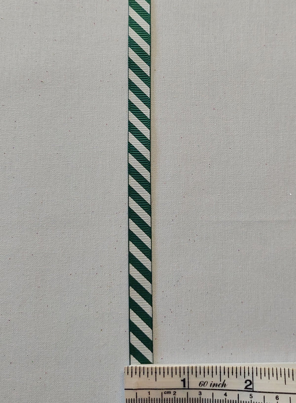 Green Diagonal Stripes on White Grosgrain Ribbon