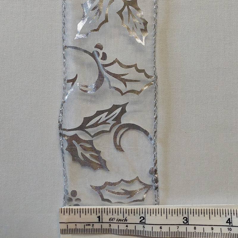 Silver Holly on Sheer Wired Edge Ribbon