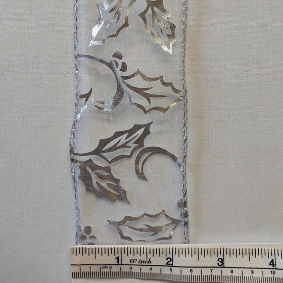 Silver Holly on Sheer Wired Edge Ribbon