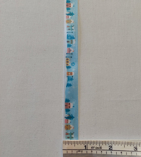 Snow Scene on Blue Satin Ribbon