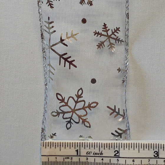 Silver Snowflakes on Sheer Wired Edge Ribbon