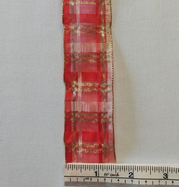 Gold Glitter Check on Red Sheer Wire Edged Ribbon