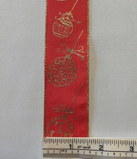 Gold Glitter Baubles on Red Wired Edge Ribbon