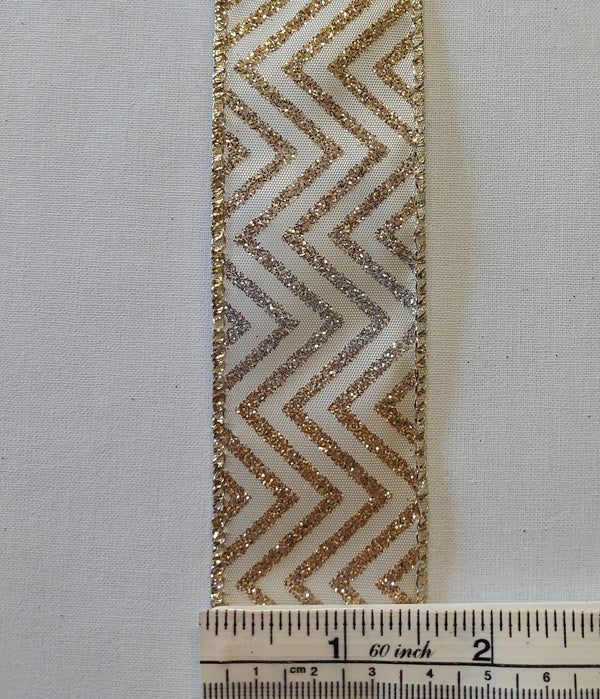 Gold Glitter ZigZag on Sheer Wired Edge Ribbon