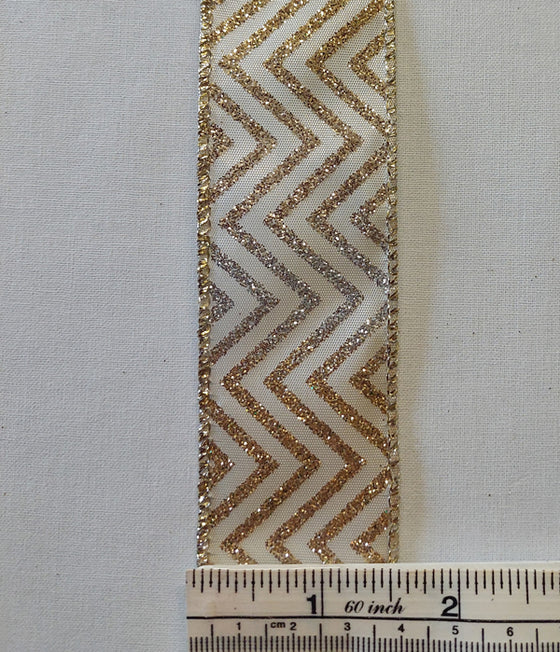 Gold Glitter ZigZag on Sheer Wired Edge Ribbon
