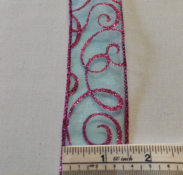 Cerise Glitter Swirls on Sheer Wired Edge Ribbon