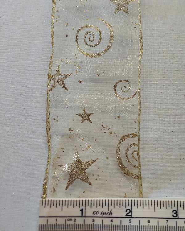 Gold Glitter Stars on Sheer Wire Edged Ribbon