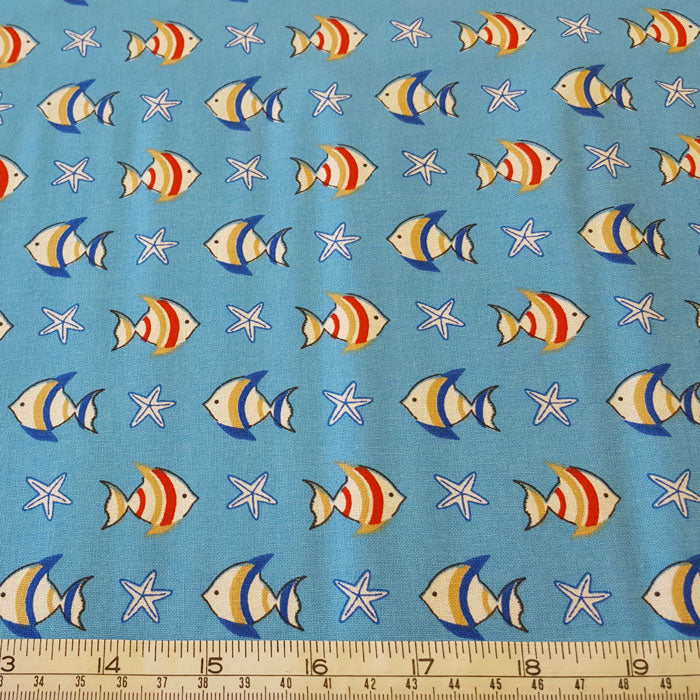 Medium Weight Cotton Fabric - Blue and Red Fishes - The Fabric Bee