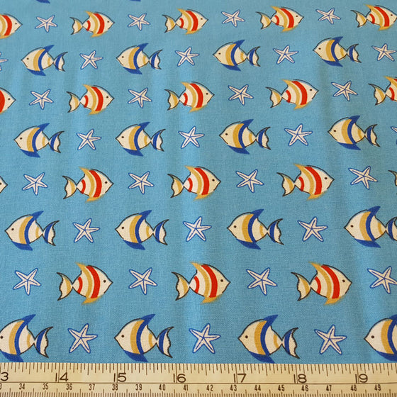 Medium Weight Cotton Fabric - Blue and Red Fishes - The Fabric Bee