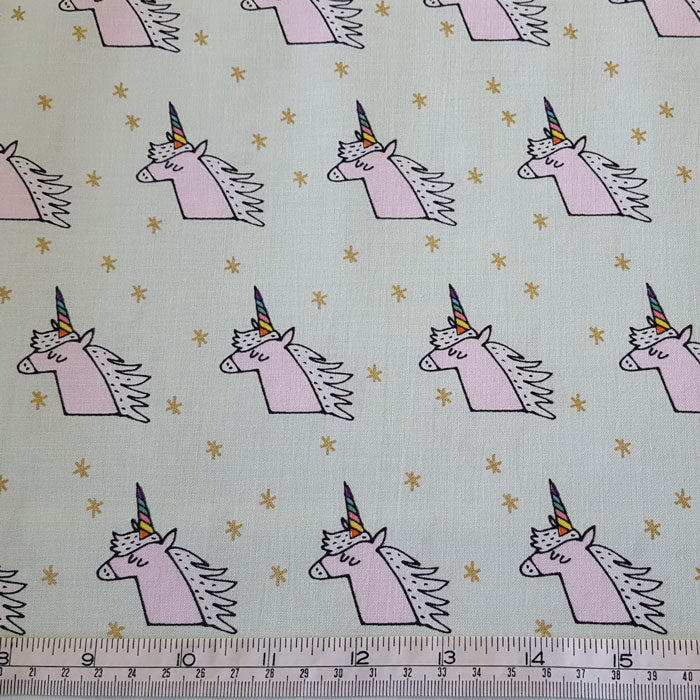 Medium Weight Cotton Fabric Pink Unicorns on Mint with Metallic Gold Stars - The Fabric Bee