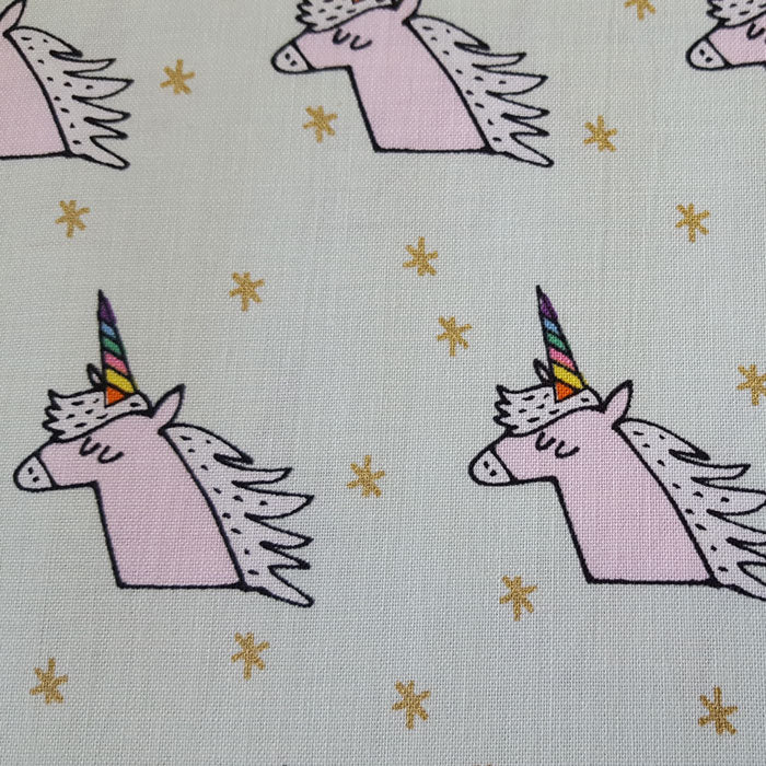 Medium Weight Cotton Fabric Pink Unicorns on Mint with Metallic Gold Stars - The Fabric Bee