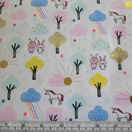 Medium Weight Cotton Fabric Unicorns and Rabbits with Gold Foil - The Fabric Bee