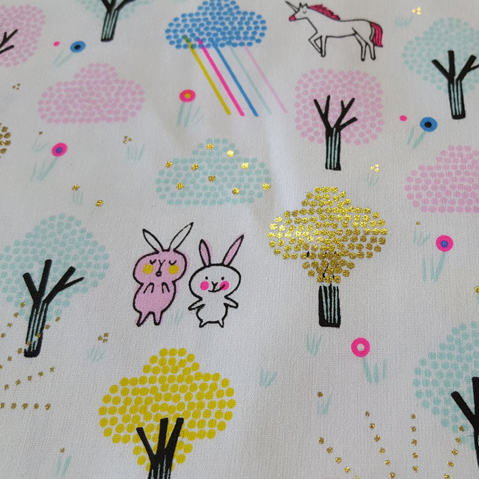 Medium Weight Cotton Fabric Unicorns and Rabbits with Gold Foil - The Fabric Bee