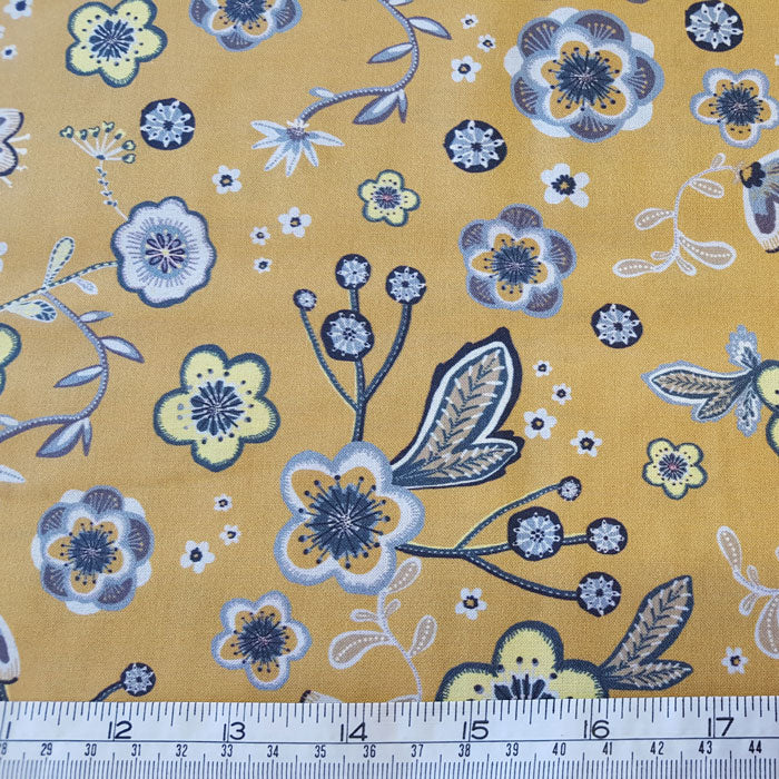 Cotton Lawn Mustard/Grey Floral - The Fabric Bee