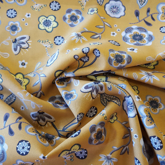 Cotton Lawn Mustard/Grey Floral - The Fabric Bee