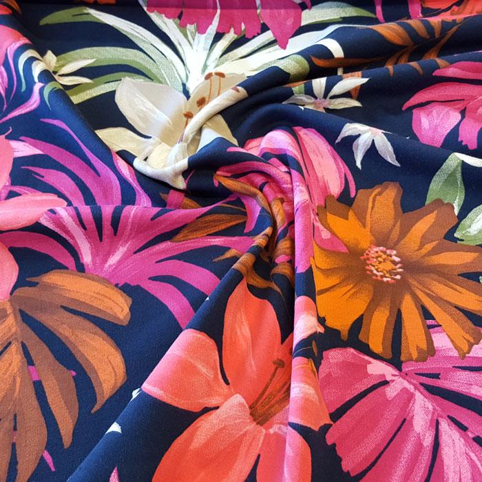 Jersey/Stretch Fabric Cerise Multi Floral Print on Navy Background - The Fabric Bee