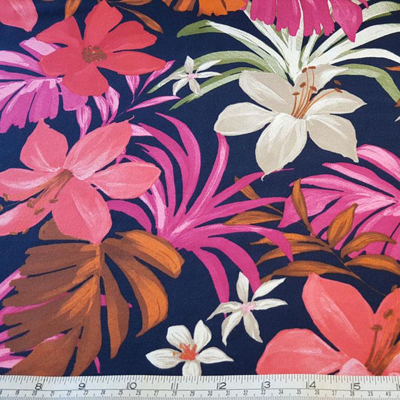 Jersey/Stretch Fabric Cerise Multi Floral Print on Navy Background - The Fabric Bee