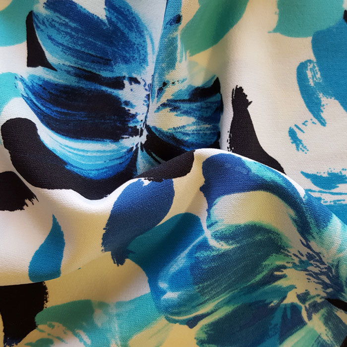 Polyester Crepe Fabric with Stretch Turquoise/Blue Floral on Ivory - The Fabric Bee