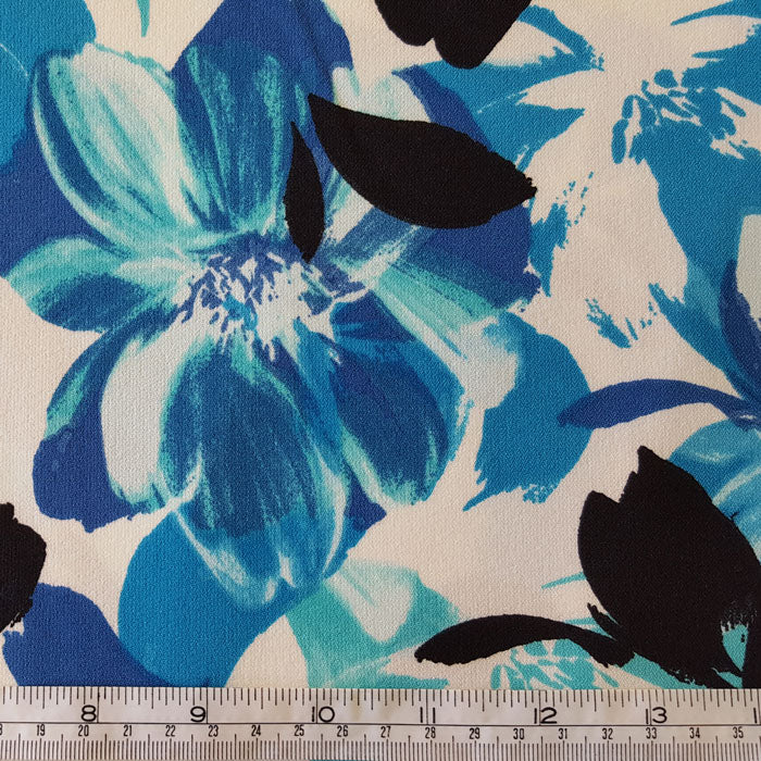 Polyester Crepe Fabric with Stretch Turquoise/Blue Floral on Ivory - The Fabric Bee