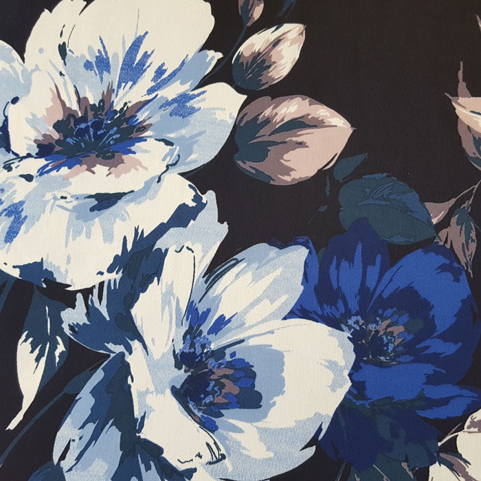 Polyester Fabric with Stretch Blue/White Floral on Black - The Fabric Bee