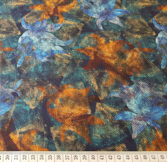 Heavy Cotton Canvas Turquoise/Burnt Orange Floral Design - The Fabric Bee