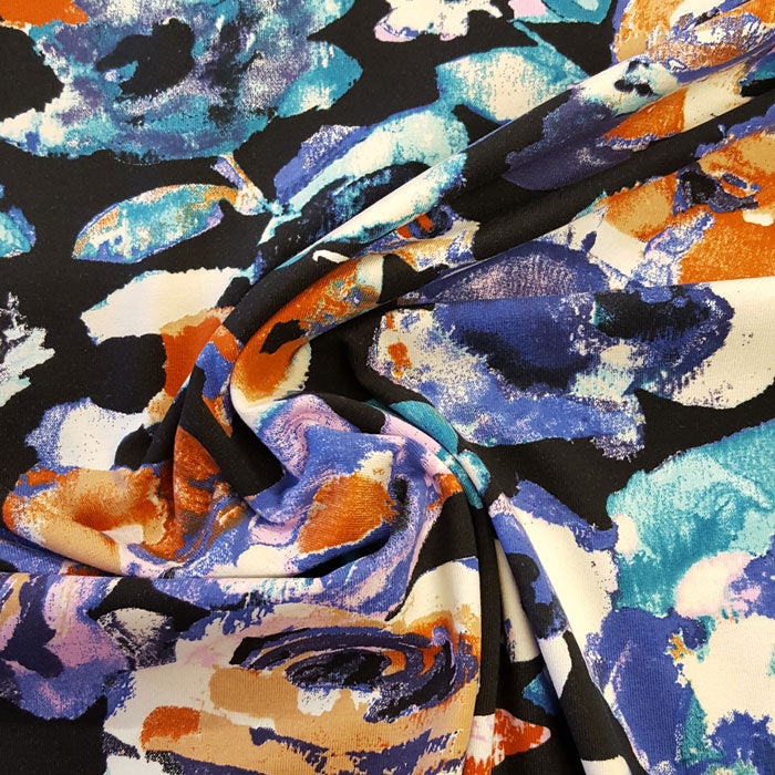 Jersey Fabric Large Floral on Black - The Fabric Bee