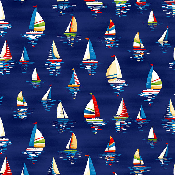 Makower UK Beside The Sea 2340/B8 Sail Boats on Dark Blue F7003