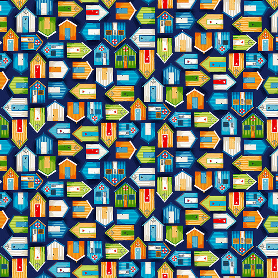 Makower UK Beside The Sea 2345/B Beach Huts on Dark Blue F7008