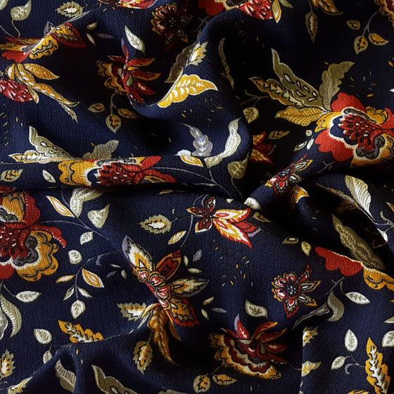 Crinkle Viscose Floral on Navy Background - The Fabric Bee