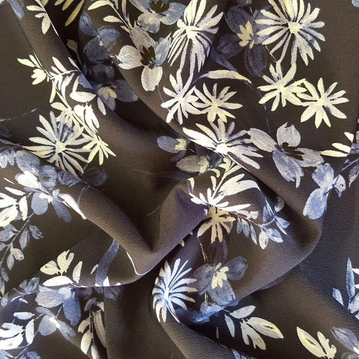 Polyester Morocaine Ivory/Blue Floral on Navy - The Fabric Bee