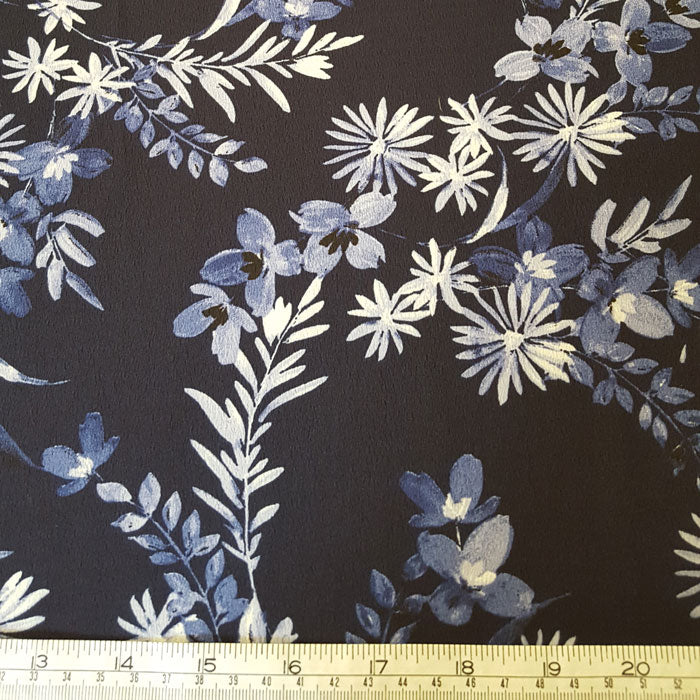 Polyester Morocaine Ivory/Blue Floral on Navy - The Fabric Bee