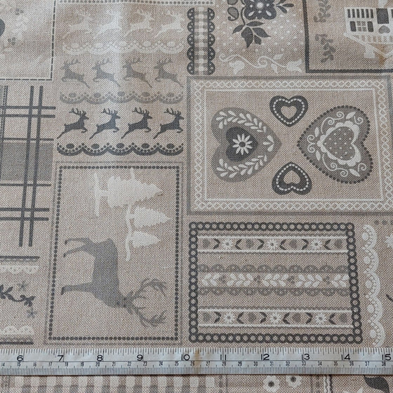 Cotton Canvas Grey on Beige Christmas Design