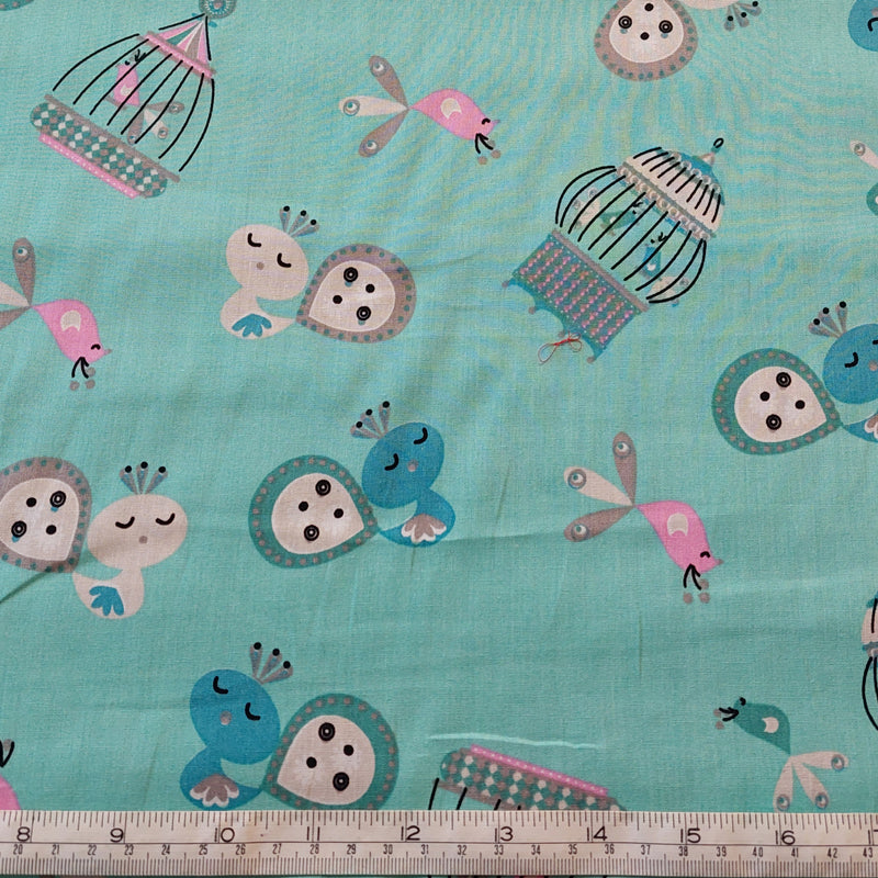 Medium Weight Cotton Poplin Fabric - Birds on Jade Background